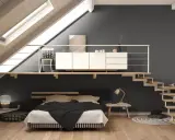Camera da letto moderna con soppalco chiuso, letto matrimoniale, scala in legno e cassettiera bianca. Idee soppalco chiuso per sfruttare lo spazio.