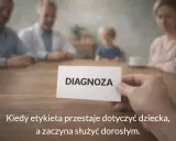 Dyskalkulia co to? Rodzina przy stole, ręka trzyma kartkę z napisem "DIAGNOZA". Kiedy etykieta przestaje dotyczyć dziecka, a zaczyna służyć dorosłym.