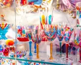 Verrerie colorée et artisanale, un aperçu du musée du verre Murano. Des coupes et verres aux motifs floraux et géométriques éclatants.