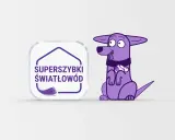 Fioletowy piesek z kością na szyi obok logo "Superszybki światłowód".