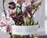 Kreative Geldgeschenke basteln: Ein Blumenarrangement mit gefalteten Euroscheinen und der Botschaft "Viel Glück".