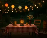Ambiance guinguette : lanternes colorées, table à carreaux rouges, arrosoir et lanterne à pétrole. Parfait pour fabriquer deco guinguette.
