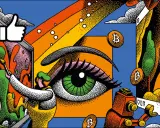 A vibrant illustration showing how to start buying art with Bitcoin. A hand paints on a screen, a giant eye observes, and Bitcoin symbols float around.