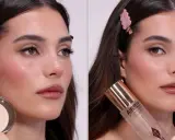 Mujer aplicando polvo y spray fijador para lograr un look perfecto. Aprende como fijar el maquillaje para que dure todo el día.
