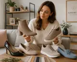 Kobieta prezentuje różne modele butów, w tym botki i sneakersy. Wiele z nich wykonano z wysokiej jakości materiału syntetycznego, który zapewnia komfort i trwałość.