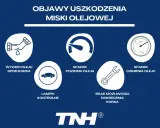 Objawy uszkodzenia miski olejowej: wycieki oleju, spadek poziomu i ciśnienia, kontrolki, brak możliwości dokręcenia korka. Wymiana miski olejowej może być konieczna.