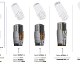 Różne rodzaje zaworów termostatycznych: głowice Schlosser, Herz, Comap i Danfoss z gwintami M30x1,5, M28x1,5 oraz bez gwintu.