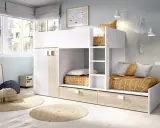 Ideas dormitorios: litera blanca y madera con cajones, cojines y alfombras circulares.