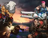 Postacie z gier podobnych do League of Legends, w tym wojownik z maską, barbarzyńca i kobieta z bronią, na tle fantastycznego krajobrazu.