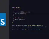 Kod w TypeScript demonstruje klasę `Movie` z metodą `getTitle`. Logo TS obok kodu.