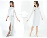 Eleganckie, białe gotowe stylizacje na wesele: długa suknia z rozcięciem i błyszczącą górą oraz krótsza sukienka z ozdobnym kołnierzem i eterycznym bolerkiem.
