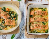 Zwei Ansichten eines cremigen Lachsgerichts mit Spinat und Kürbis. Perfekt für Lachs Rezepte.