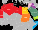 Karte zeigt Länder Nordafrikas und des Nahen Ostens, darunter Marokko, Algerien und andere arabische Staaten.