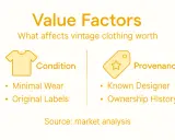 Value factors for vintage clothing: condition (minimal wear, original labels) and provenance (known designer, ownership history).