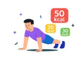 Uśmiechnięty mężczyzna robi pompki. Obok niego pojawiają się kolorowe etykiety z liczbą spalonych kalorii: 50, 20 i 30 kcal. Ile kcal spalisz, robiąc 10 pompek?