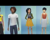 Mody dla dzieci The Sims 4: dziewczynka w żółtej bluzce, chłopak w białej koszulce, nastolatka w kamizelce i żółtej sukience, chłopiec w ręczniku i maluch w stroju kąpielowym.