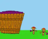 Disegni da colorare: vendemmia dall'uva al vino. Un cesto pieno d'uva e due simpatici personaggi con cappelli rossi e gialli.