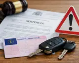 Sentencia judicial, carnet de conducir, llaves y señal de advertencia.