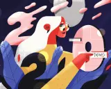 Vibrant art graphic design examples: a woman with white hair and sunglasses points to a pink circle with "TRENDS" written on it, surrounded by abstract shapes and foliage.