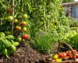 Un pied de tomate bien garni, avec des fruits rouges et verts, à côté d'un panier rempli de tomates mûres et de basilic frais.