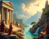 Majestätische Tempel und Berge prägen das Bild des antiken Griechenlands. Menschen in roten Gewändern und mythologische Wesen beleben die Szene am türkisfarbenen Meer.
