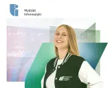 Uśmiechnięta studentka na tle kodu i logo Wydziału Informatyki. Rozpocznij studia informatyczne w Szczecinie!