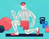 En person utför en utfall med synligt nervsystem, som en kroppsscanning. Träningsredskap som kettlebells och bollar finns i närheten.