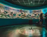 Familia admira un acuario con corales y peces. Una actividad ideal que ver en Sevilla con niños.