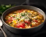 Herzhaftes Pizzasuppe Rezept: Tomaten, Mais und Kräuter in einer Schüssel, garniert mit Parmesan. Dazu eine Löffel.