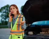 Kobieta w kamizelce odblaskowej rozmawia przez telefon przy otwartej masce samochodu. Jej rozbiegany diesel odmówił posłuszeństwa.