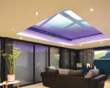Salon moderne avec extension de maison et son puits de lumière illuminé de violet. Canapé confortable, plantes vertes et grandes baies vitrées.