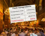 Pasek wynagrodzenia z kwotą 39,84 zł na podatek kościelny na tle wnętrza kościoła z wiernymi.