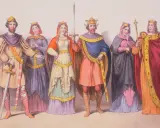 Sechs Figuren in historischen Gewändern, darunter Männer und Frauen mit Kronen und Schwertern. Ein Herzog und ein Graf könnten hier den Unterschied in ihrer Kleidung zeigen.