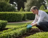 Un homme en chemise blanche et gants bleus s'occupe de l'entretien de son jardin, taillant des buissons.