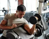 Mann trainiert Bizeps mit Kurzhantel. Fokus auf Muskelaufbau und Hypertrophie im Fitnessstudio.