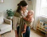 A smiling mother holds her baby in a green ring sling.