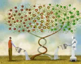 Mensch und Roboter gießen einen DNA-Baum mit Äpfeln. Symbolisiert die **evolution mensch zukunft** durch Technologie und Genetik.