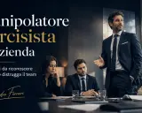 Uomo d'affari carismatico parla a un team, ma il suo sguardo suggerisce un partner narcisista che manipola. 7 segnali per riconoscerlo.
