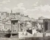Lebhafter marktplatz im alten griechenland mit Akropolis im Hintergrund. Menschen handeln, diskutieren und spazieren zwischen Säulen und Tempeln.