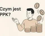 Mężczyzna z monetami w tle i napisem "Czym jest PPK?". Ilustracja wyjaśnia, co to jest PPK.