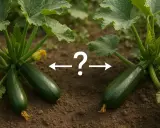 Deux courgettes mûres sur leurs plants, avec un point d'interrogation et des flèches suggérant la question de la plantation courgette distance idéale.