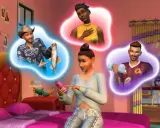 Sims 4 aktualizacje: dziewczyna myśli o randkach z różnymi Simami, jeden z wędką, drugi z hantlem, a trzecia Simka w żółtej bluzce.