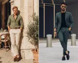 Two men showcase stylish outfits. One wears a green shirt with cream pants, demonstrating colors that go with green for a casual look. The other sports a green suit, proving green's versatility.