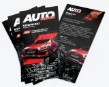 Projekt ulotki online dla Auto Serwis Kowalski. Czerwony sportowy samochód na tle nocnego miasta. Oferta 10% zniżki na pierwszą wizytę.