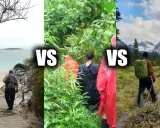 Trzy sceny: człowiek na plaży, dwie osoby w deszczu, mężczyzna w górach. **Trekking vs hiking** - różne formy aktywnego wypoczynku.
