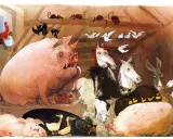 La fattoria degli animali, un'allegoria della rivoluzione russa, mostra maiali, cavalli, galline e altri animali in una stalla.