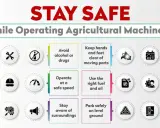 Infographic detailing machine safety tips for operating agricultural machinery, including knowing equipment, wearing gear, and following guidelines.