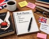 Kawa, książka "Zmierzch", notatnik "Book Review" i karteczki z napisem "Vampire Romance". Idealne miejsce na krótkie opowiadanie po angielsku.