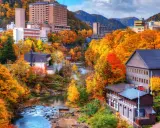 En stad i Japan badar i höstens färger. En perfekt plats att fundera på vart man ska resa i oktober, med sina varma toner och vackra natur.