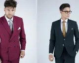 Two men in suits. Left: burgundy double vs single breasted coat. Right: dark green single breasted coat.